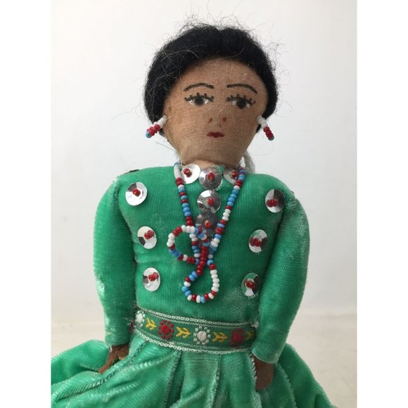 Native American Navajo Hand Made Indian Doll Wearing Green/Red Dress - Picture 2 of 5